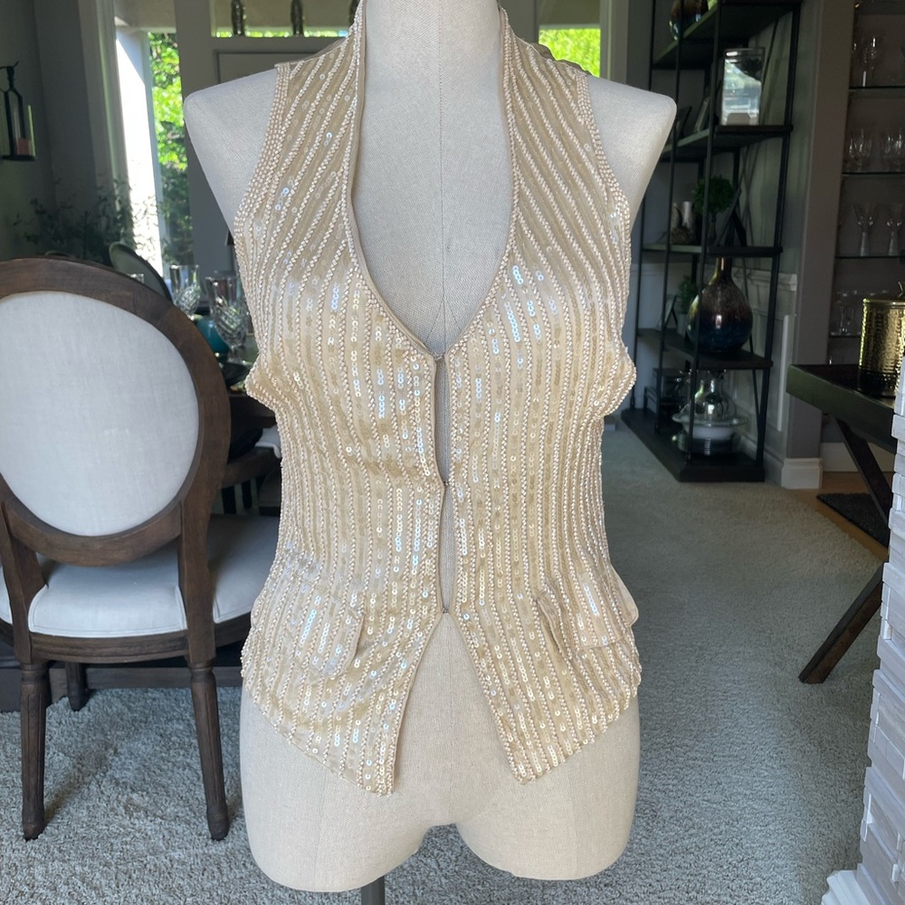 NWT Love Shop Gold/Cream Sequin Halter Top
